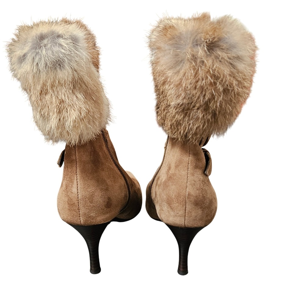 Ann Klein Women's Tan Suede Fur Trim Ankle Boots‎ Pointed Toe Stiletto Heel 6 - Picture 4 of 8